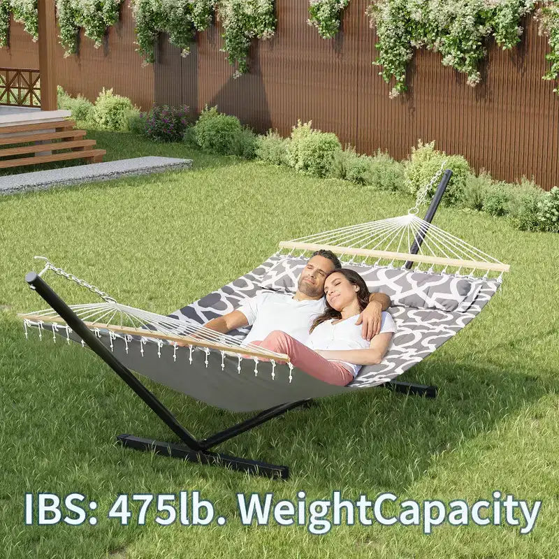 Extra Wide Double Hammock with Heavy Duty Steel Stand,Quilted Fabric Hammock with Pillow and Thick Rope, Portable Durable Hammock for Outdoor Patio