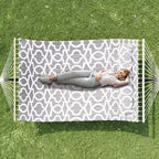 Extra Wide Double Hammock with Heavy Duty Steel Stand,Quilted Fabric Hammock with Pillow and Thick Rope, Portable Durable Hammock for Outdoor Patio