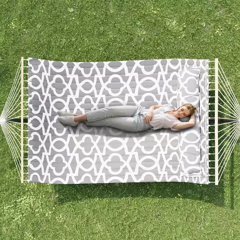 Extra Wide Double Hammock with Heavy Duty Steel Stand,Quilted Fabric Hammock with Pillow and Thick Rope, Portable Durable Hammock for Outdoor Patio