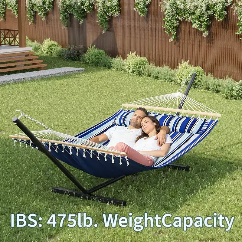 Extra Wide Double Hammock with Heavy Duty Steel Stand,Quilted Fabric Hammock with Pillow and Thick Rope, Portable Durable Hammock for Outdoor Patio