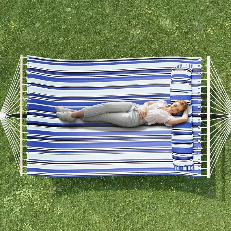 Extra Wide Double Hammock with Heavy Duty Steel Stand,Quilted Fabric Hammock with Pillow and Thick Rope, Portable Durable Hammock for Outdoor Patio
