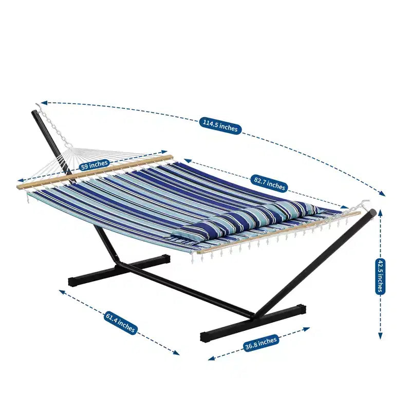 Extra Wide Double Hammock with Heavy Duty Steel Stand,Quilted Fabric Hammock with Pillow and Thick Rope, Portable Durable Hammock for Outdoor Patio
