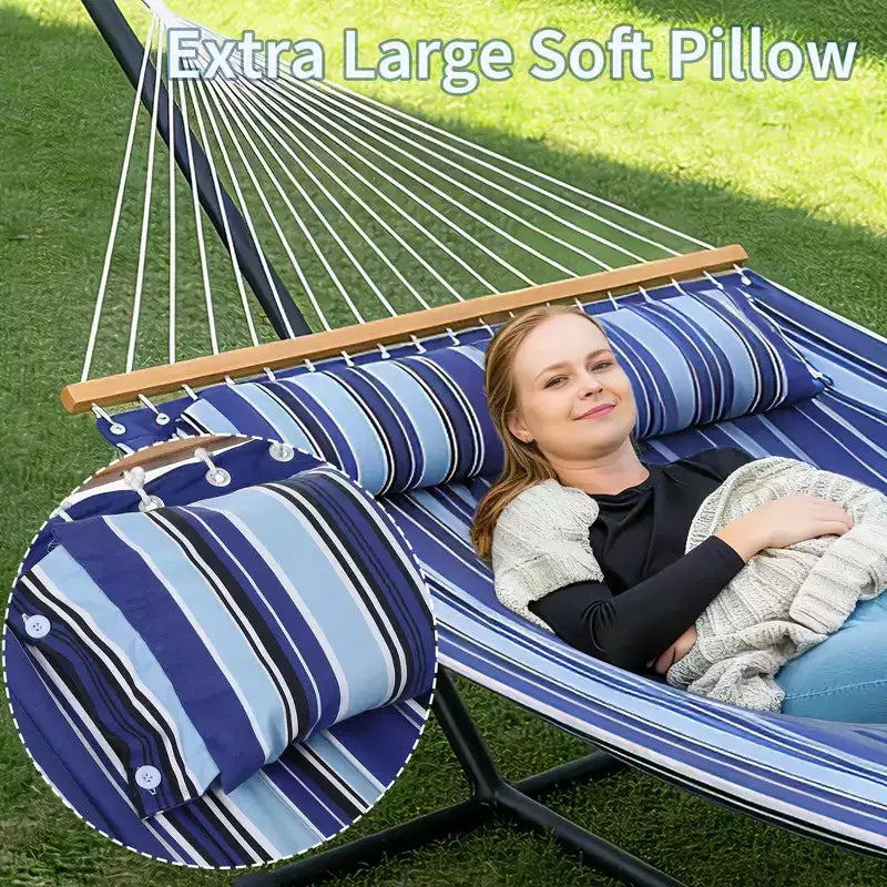 Extra Wide Double Hammock with Heavy Duty Steel Stand,Quilted Fabric Hammock with Pillow and Thick Rope, Portable Durable Hammock for Outdoor Patio