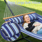 Extra Wide Double Hammock with Heavy Duty Steel Stand,Quilted Fabric Hammock with Pillow and Thick Rope, Portable Durable Hammock for Outdoor Patio
