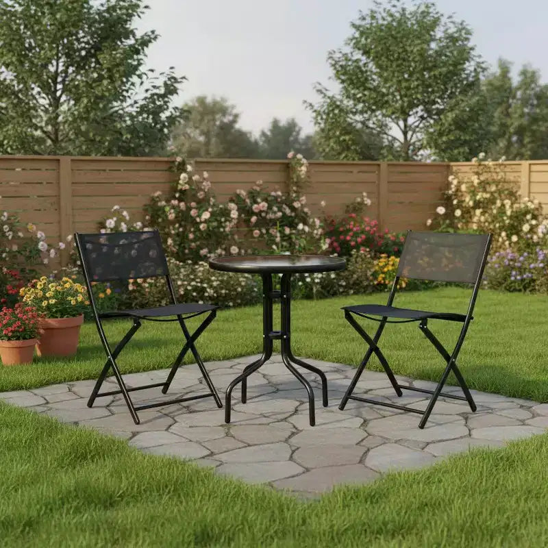 Gymax 3-Piece Outdoor Bistro Set w/ Folding Chairs Round Table for Garden Backyard Patio