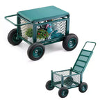 Heavy-Duty Rolling Garden Cart with Seat 400 lbs Metal Stool Storage 8 in Wheels Green