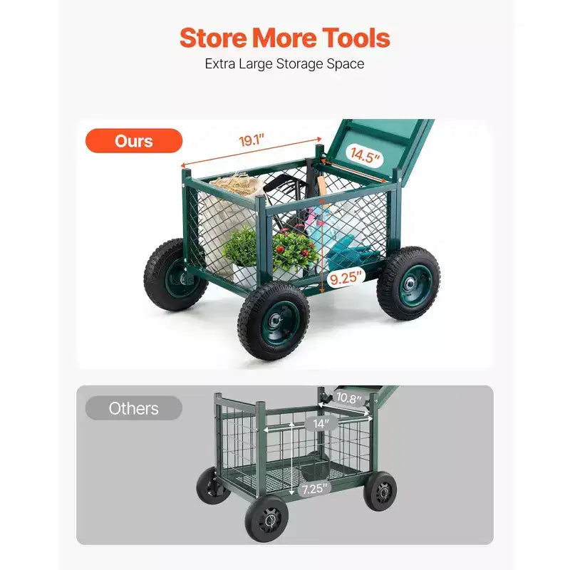 Heavy-Duty Rolling Garden Cart with Seat 400 lbs Metal Stool Storage 8 in Wheels Green