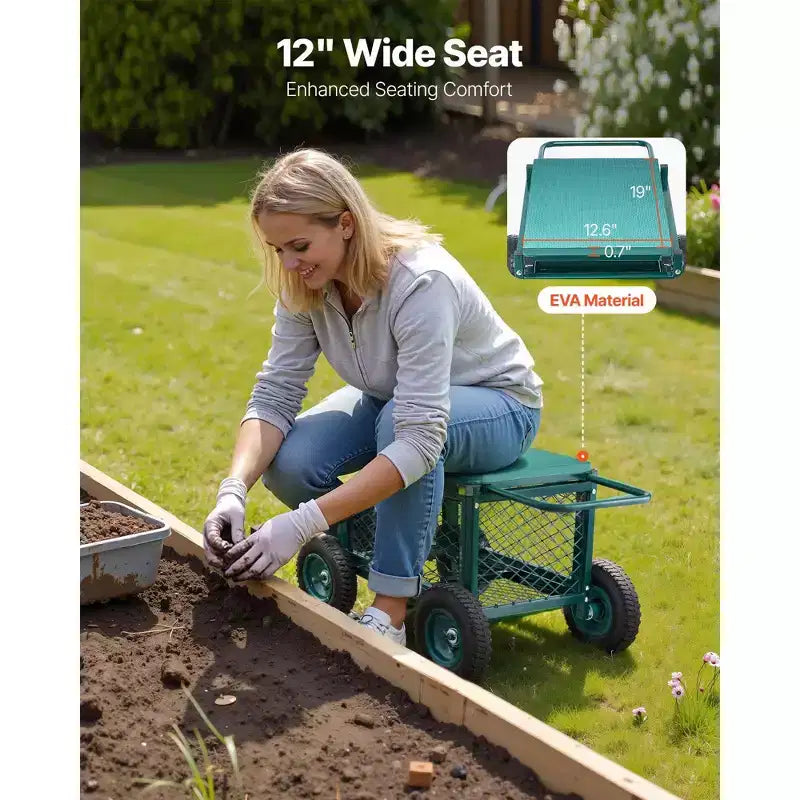 Heavy-Duty Rolling Garden Cart with Seat 400 lbs Metal Stool Storage 8 in Wheels Green