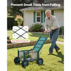 Heavy-Duty Rolling Garden Cart with Seat 400 lbs Metal Stool Storage 8 in Wheels Green