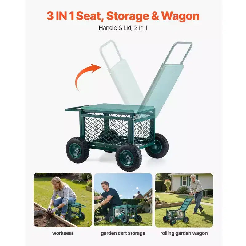 Heavy-Duty Rolling Garden Cart with Seat 400 lbs Metal Stool Storage 8 in Wheels Green