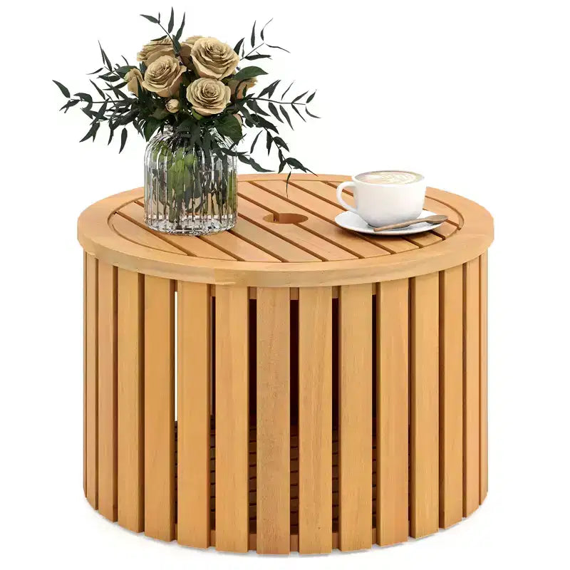Costway 2-in-1 Outdoor Side Table w/Storage Umbrella Hole & Removable Base for Backyard
