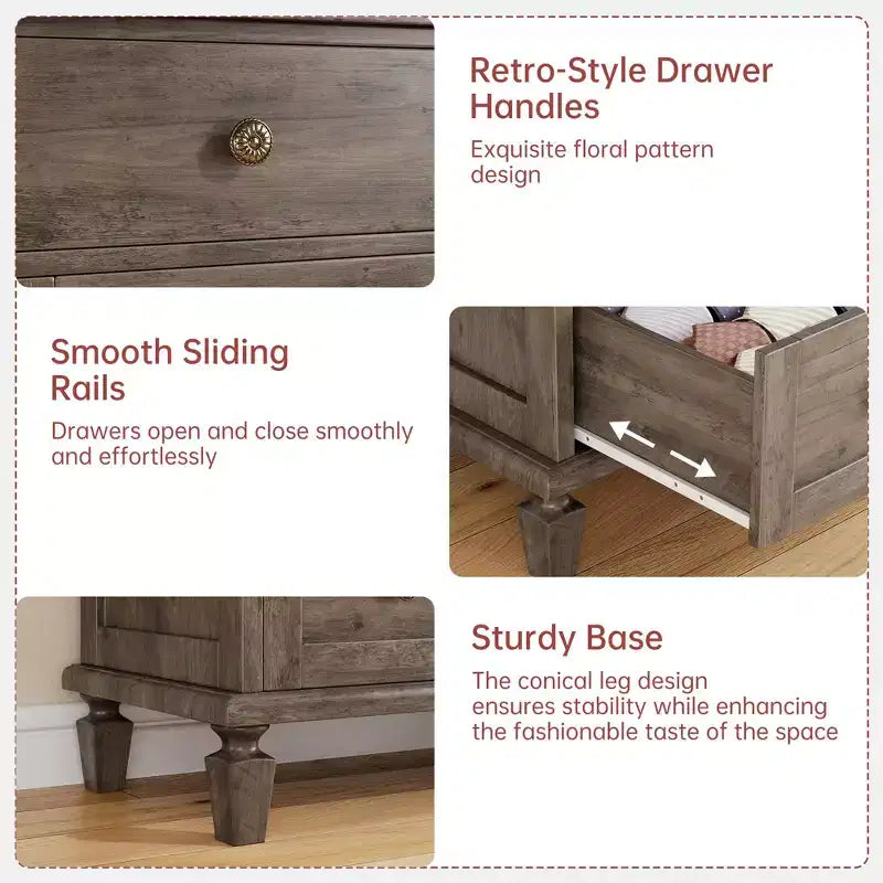 4-Drawer Vintage Dresser with Tapered Legs, Grey Wood Chest of Drawers for Bedroom, Living Room