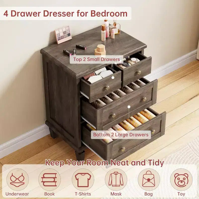 4-Drawer Vintage Dresser with Tapered Legs, Grey Wood Chest of Drawers for Bedroom, Living Room
