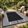 8x10 Waterproof Reversible Outdoor Rug, Stain-Resistant Plastic Straw, Easy-Clean Camping Mat for Porch, Deck, Balcony, Garden & Beach, Border-Black