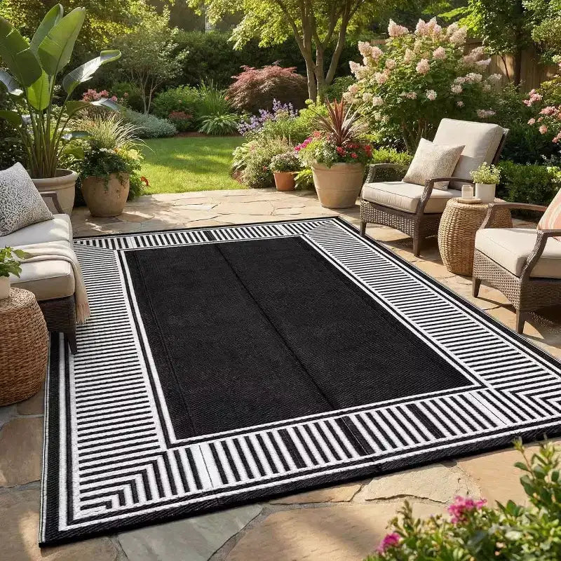 8x10 Waterproof Reversible Outdoor Rug, Stain-Resistant Plastic Straw, Easy-Clean Camping Mat for Porch, Deck, Balcony, Garden & Beach, Border-Black