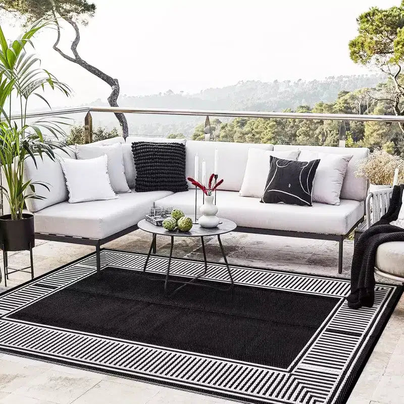 8x10 Waterproof Reversible Outdoor Rug, Stain-Resistant Plastic Straw, Easy-Clean Camping Mat for Porch, Deck, Balcony, Garden & Beach, Border-Black