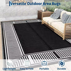 8x10 Waterproof Reversible Outdoor Rug, Stain-Resistant Plastic Straw, Easy-Clean Camping Mat for Porch, Deck, Balcony, Garden & Beach, Border-Black