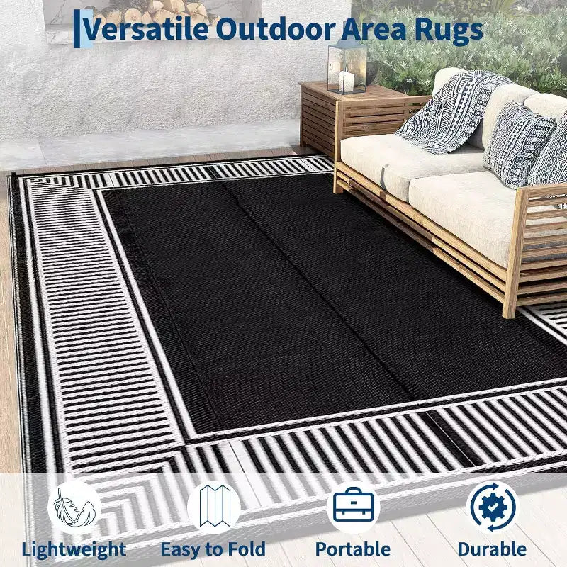 8x10 Waterproof Reversible Outdoor Rug, Stain-Resistant Plastic Straw, Easy-Clean Camping Mat for Porch, Deck, Balcony, Garden & Beach, Border-Black