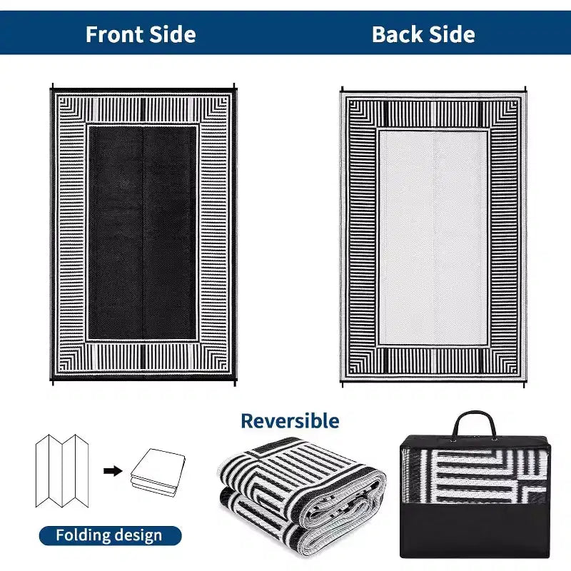 8x10 Waterproof Reversible Outdoor Rug, Stain-Resistant Plastic Straw, Easy-Clean Camping Mat for Porch, Deck, Balcony, Garden & Beach, Border-Black