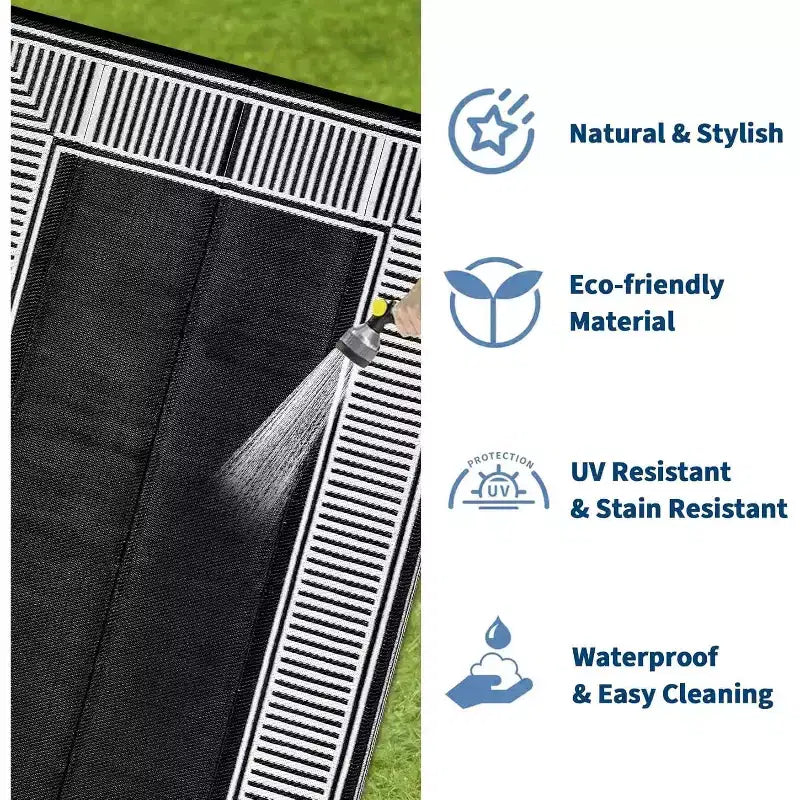 8x10 Waterproof Reversible Outdoor Rug, Stain-Resistant Plastic Straw, Easy-Clean Camping Mat for Porch, Deck, Balcony, Garden & Beach, Border-Black