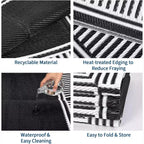 8x10 Waterproof Reversible Outdoor Rug, Stain-Resistant Plastic Straw, Easy-Clean Camping Mat for Porch, Deck, Balcony, Garden & Beach, Border-Black