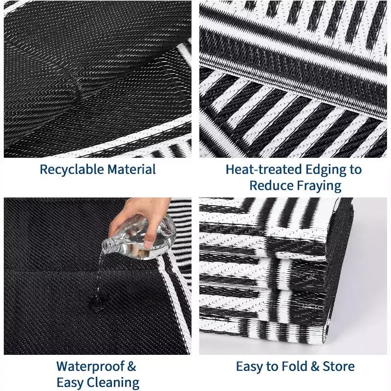 8x10 Waterproof Reversible Outdoor Rug, Stain-Resistant Plastic Straw, Easy-Clean Camping Mat for Porch, Deck, Balcony, Garden & Beach, Border-Black
