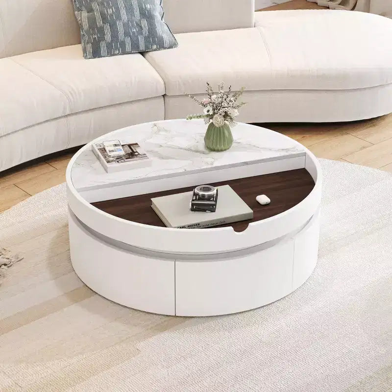 Whisen Modern Lift Top Coffee Table with Hidden Storage and Drawer, Marble and Wood Grain Tabletop - White & Walnut