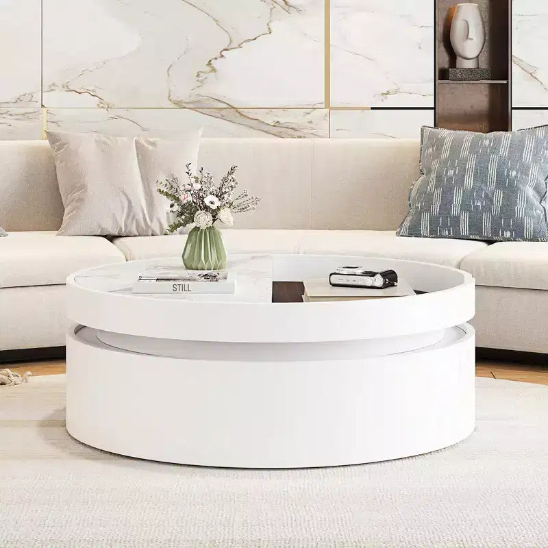 Whisen Modern Lift Top Coffee Table with Hidden Storage and Drawer, Marble and Wood Grain Tabletop - White & Walnut