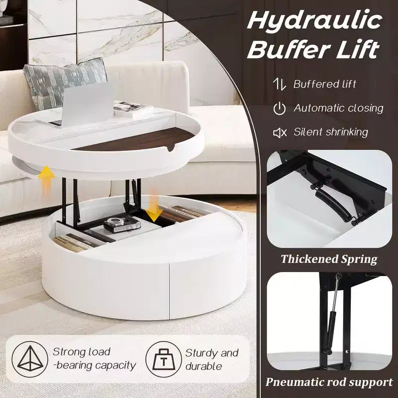Whisen Modern Lift Top Coffee Table with Hidden Storage and Drawer, Marble and Wood Grain Tabletop - White & Walnut