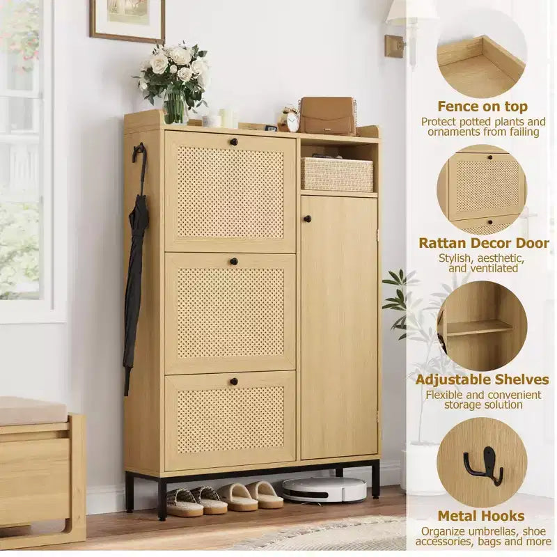 Narrow Rattan Shoe Cabinet - 3 Turn-Over Drawers, 4-Tier Adjustable Shelves, 18-24 Pairs Capacity