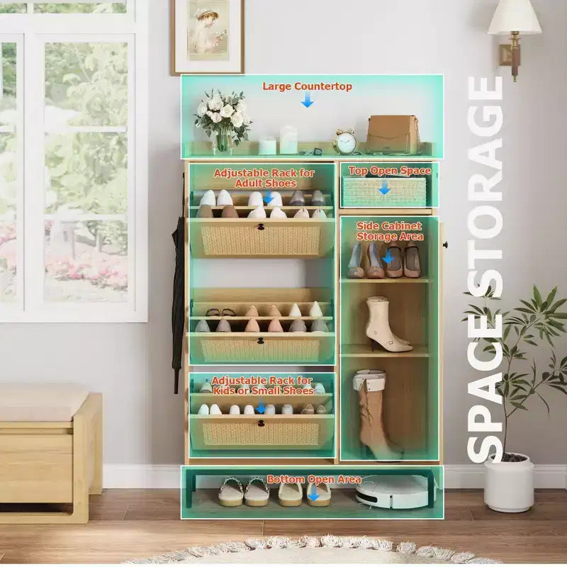 Narrow Rattan Shoe Cabinet - 3 Turn-Over Drawers, 4-Tier Adjustable Shelves, 18-24 Pairs Capacity