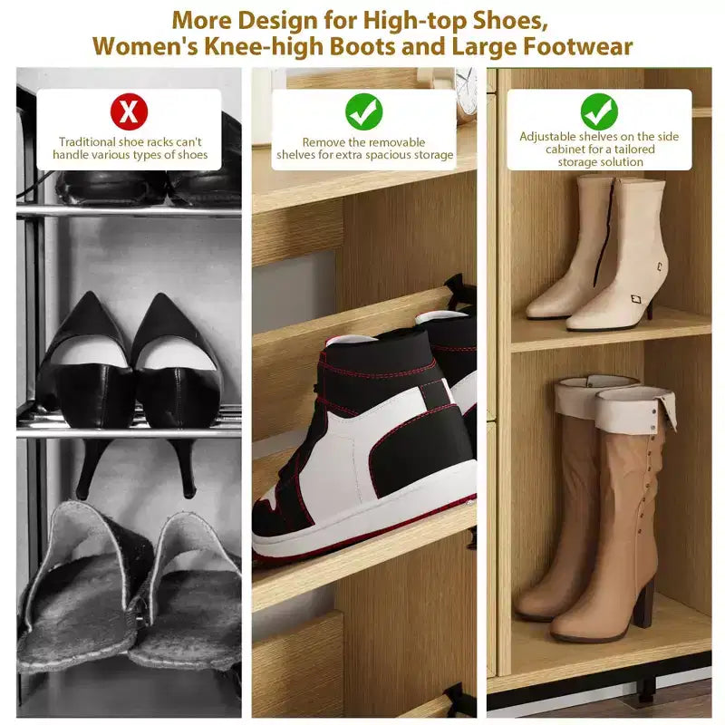 Narrow Rattan Shoe Cabinet - 3 Turn-Over Drawers, 4-Tier Adjustable Shelves, 18-24 Pairs Capacity