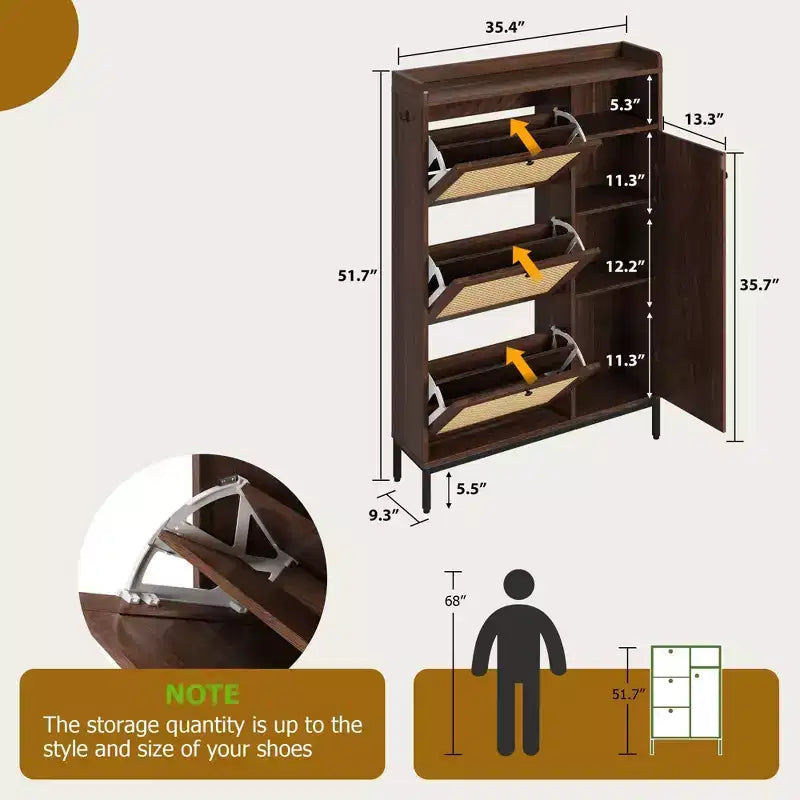 Narrow Rattan Shoe Cabinet - 3 Turn-Over Drawers, 4-Tier Adjustable Shelves, 18-24 Pairs Capacity