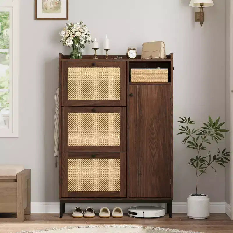 Narrow Rattan Shoe Cabinet - 3 Turn-Over Drawers, 4-Tier Adjustable Shelves, 18-24 Pairs Capacity