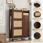 Narrow Rattan Shoe Cabinet - 3 Turn-Over Drawers, 4-Tier Adjustable Shelves, 18-24 Pairs Capacity