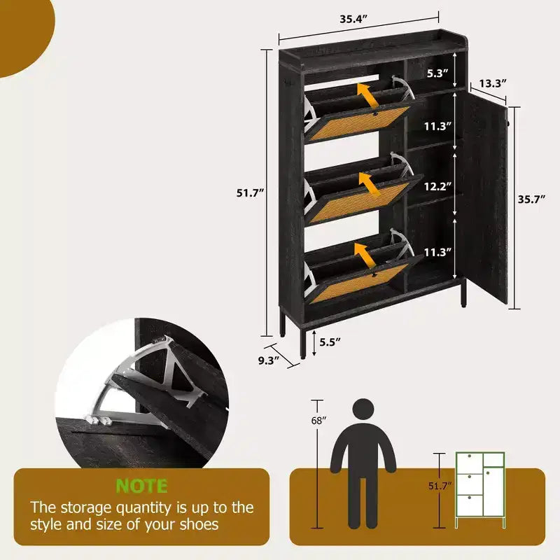 Narrow Rattan Shoe Cabinet - 3 Turn-Over Drawers, 4-Tier Adjustable Shelves, 18-24 Pairs Capacity