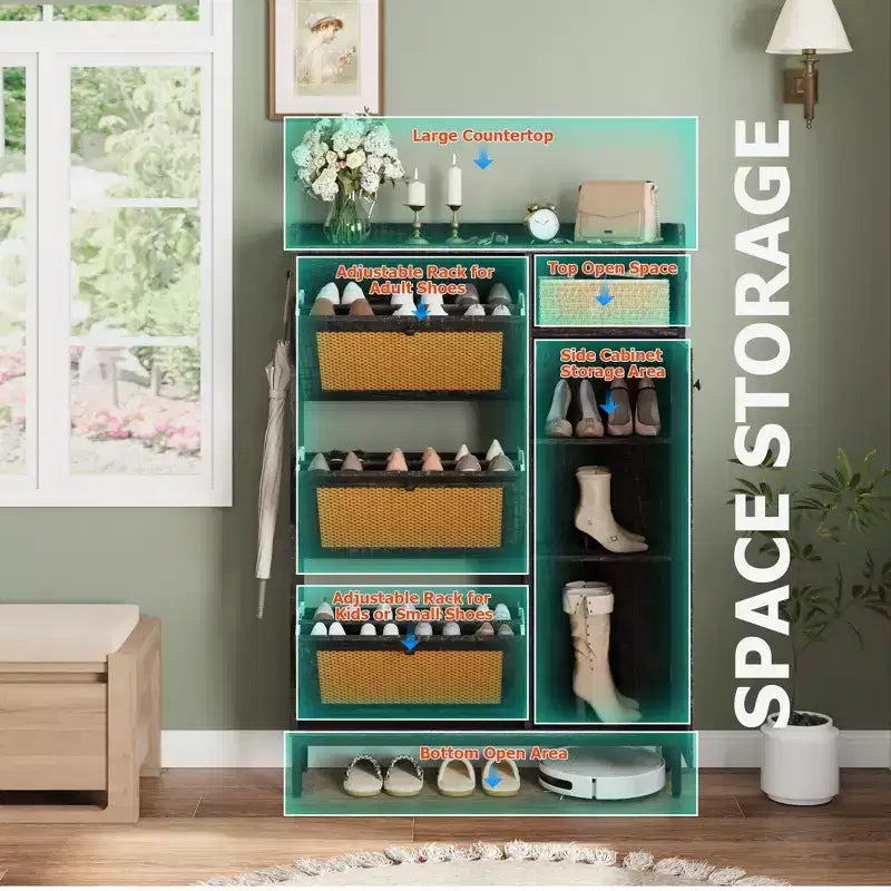 Narrow Rattan Shoe Cabinet - 3 Turn-Over Drawers, 4-Tier Adjustable Shelves, 18-24 Pairs Capacity