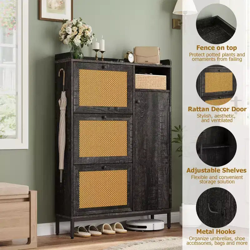 Narrow Rattan Shoe Cabinet - 3 Turn-Over Drawers, 4-Tier Adjustable Shelves, 18-24 Pairs Capacity