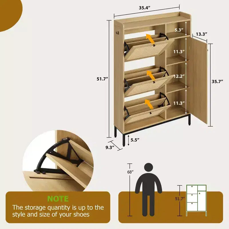 Narrow Rattan Shoe Cabinet - 3 Turn-Over Drawers, 4-Tier Adjustable Shelves, 18-24 Pairs Capacity