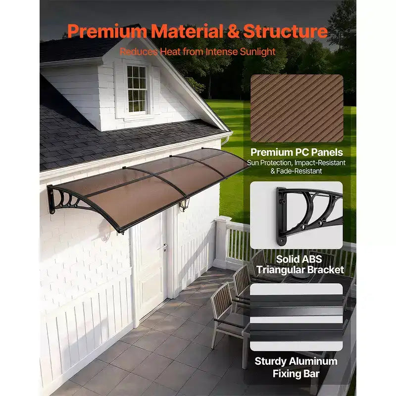 VEVOR Awnings for Door Entrance, 38 x 117 in, Exterior Front Door Window Awnings with Drainage & ABS Bracket, Rain Snow Sun Protection, Brown