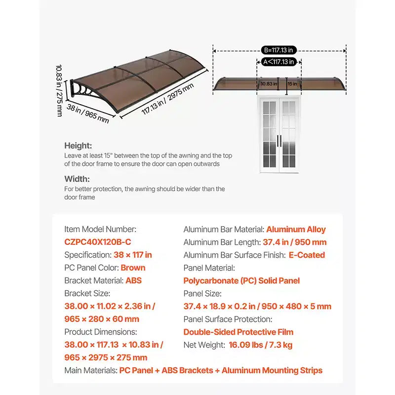 VEVOR Awnings for Door Entrance, 38 x 117 in, Exterior Front Door Window Awnings with Drainage & ABS Bracket, Rain Snow Sun Protection, Brown