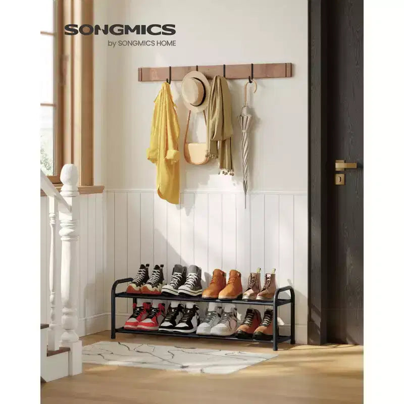 SONGMICS Expandable Shoe Rack, Adjustable Shoe Organizer Storage Shelf, Sturdy and Heavy-Duty, for Closet, Entryway, Living Room, 2-Tier, Ink Black