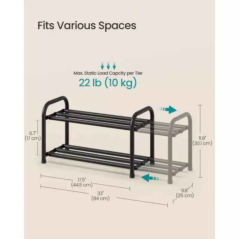 SONGMICS Expandable Shoe Rack, Adjustable Shoe Organizer Storage Shelf, Sturdy and Heavy-Duty, for Closet, Entryway, Living Room, 2-Tier, Ink Black