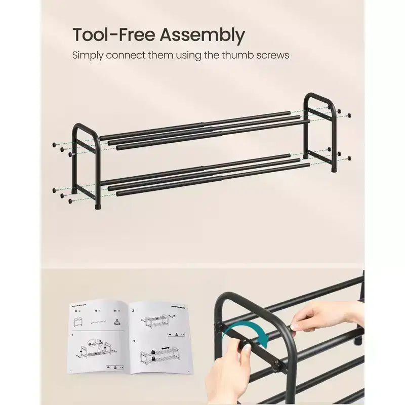 SONGMICS Expandable Shoe Rack, Adjustable Shoe Organizer Storage Shelf, Sturdy and Heavy-Duty, for Closet, Entryway, Living Room, 2-Tier, Ink Black
