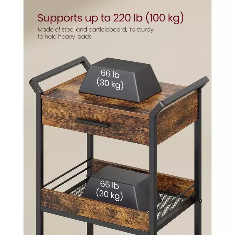 VASAGLE Storage Cart, 3-Tier Rolling Utility Cart with Table Top, Handles, 4 Lockable Casters, Top Drawer, Mesh Shelves, Rustic Brown and Ink Black