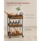 VASAGLE Storage Cart, 3-Tier Rolling Utility Cart with Table Top, Handles, 4 Lockable Casters, Top Drawer, Mesh Shelves, Rustic Brown and Ink Black