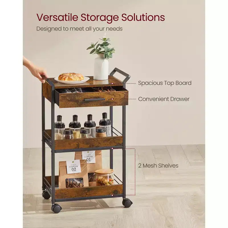 VASAGLE Storage Cart, 3-Tier Rolling Utility Cart with Table Top, Handles, 4 Lockable Casters, Top Drawer, Mesh Shelves, Rustic Brown and Ink Black