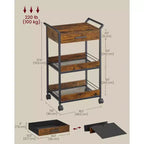 VASAGLE Storage Cart, 3-Tier Rolling Utility Cart with Table Top, Handles, 4 Lockable Casters, Top Drawer, Mesh Shelves, Rustic Brown and Ink Black