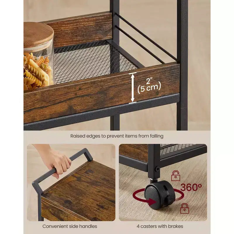 VASAGLE Storage Cart, 3-Tier Rolling Utility Cart with Table Top, Handles, 4 Lockable Casters, Top Drawer, Mesh Shelves, Rustic Brown and Ink Black