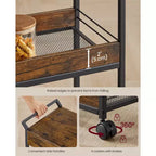VASAGLE Storage Cart, 3-Tier Rolling Utility Cart with Table Top, Handles, 4 Lockable Casters, Top Drawer, Mesh Shelves, Rustic Brown and Ink Black